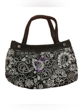 Thirty One Black and White Floral Tote Bag with Purple “C” Initial Accent